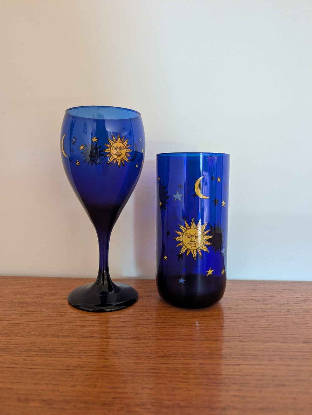 Libbey Vintage Glassware Celestial Cobalt Blue Sun Moon Stars Pair Glasses Vtg